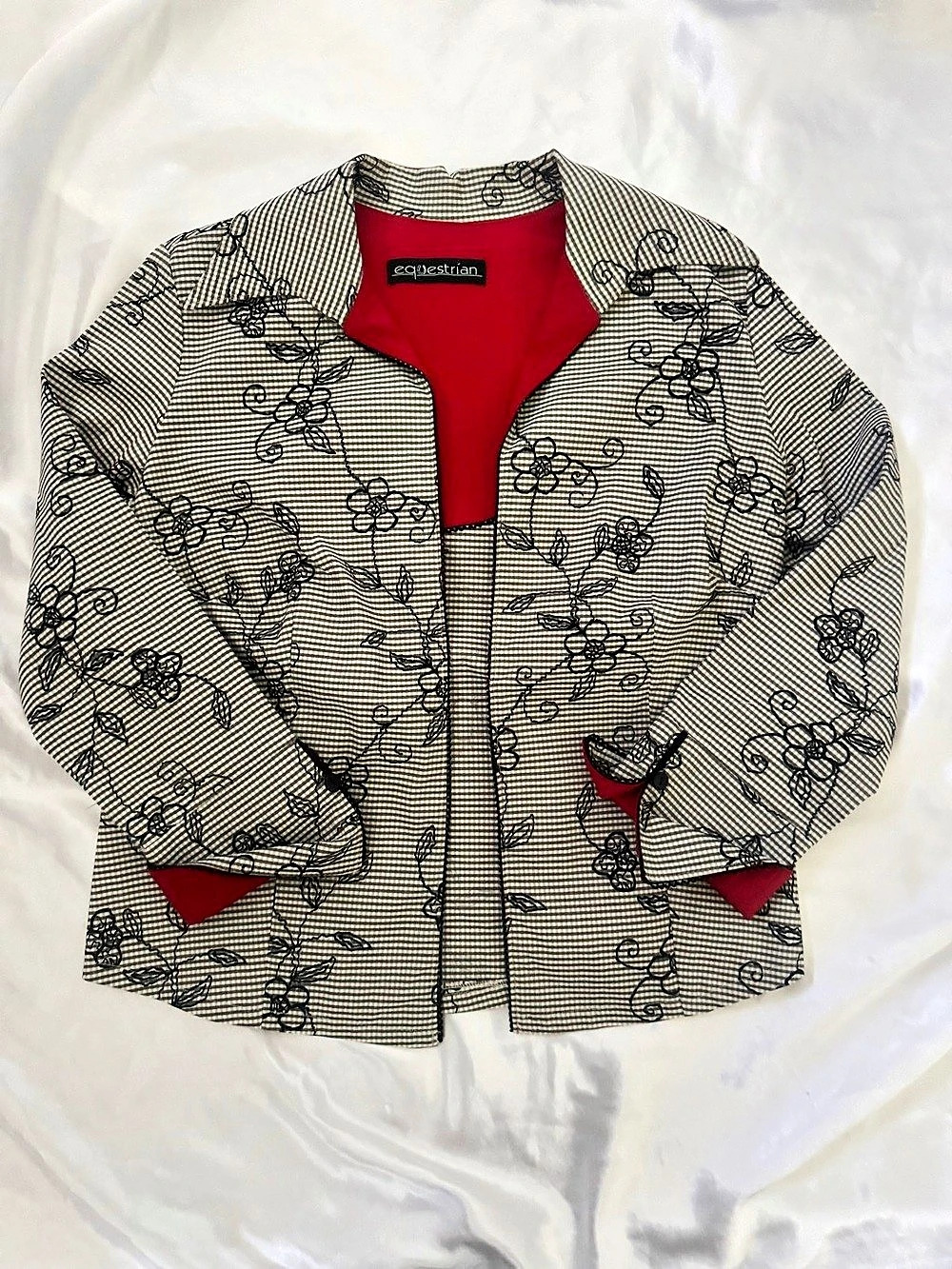 Vintage Equestrian Gingham Floral Riding Jacket Red Lining Preppy Cottagecore